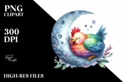 Colorful Watercolor Chicken on Moon Clipart Product Image 1