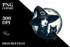 Retro Witch with Cat Clipart, Transparent PNG Product Image 1