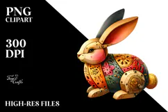 Colorful Wood Bunny on Splashy Background PNG Product Image 2