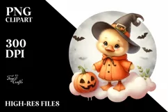 Cute Baby Duck Halloween Retro Cloud Watercolor PNG Product Image 1