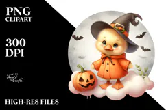 Cute Baby Duck Halloween Retro Cloud Watercolor PNG Product Image 2