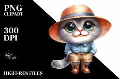 Watercolor Cat with Big Eyes and Sun Hat Product Image 1