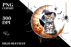 Kitten Dressed for Halloween on Half Moon PNG Product Image 2