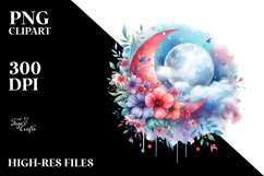 Wimsical Moon with Flowers | Watercolor Clipart Product Image 2