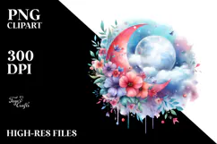 Wimsical Moon with Flowers | Watercolor Clipart Product Image 2