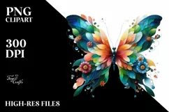 Vibrant Butterfly with Plant Leaves and 3D Flowers, PNG Product Image 1