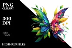 Vibrant Butterfly with Plant Leaves and 3D Flowers, PNG Product Image 1