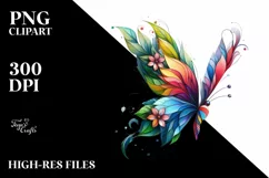 Vibrant Butterfly with Plant Leaves and 3D Flowers, PNG Product Image 3