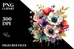 Colorfull Anemone Gold Foil Bouquet | Sublimation Clipart Product Image 3