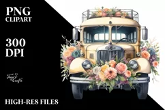 Watercolor Vintage Bus with Flowers | Clipart Product Image 1