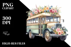 Watercolor Vintage Bus with Flowers | Clipart Product Image 1
