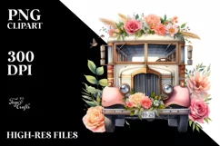 Watercolor Vintage Bus with Flowers | Clipart Product Image 1