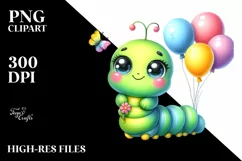Colorful Watercolor Baby Caterpillar with Balloons Product Image 1