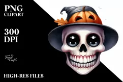 Funny Watercolor Haloween Skull Clipart with Smile Product Image 1