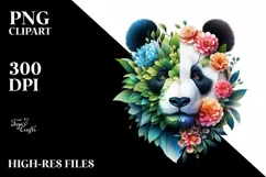 Abstract Panda with Plant Leaves and 3D Flowers, PNG Product Image 1