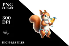 Watercolor Squirrel in Beachwear Drinking Cocktail PNG Product Image 2