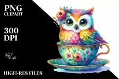 Whimsical Owl in Teacup Watercolor Clipart Product Image 1