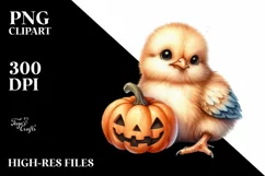 Cute Sitting Chicken with Halloween Pumpkin, PNG Product Image 1