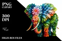 Vibrant Elephant with Plant Leaves and 3D Flowers, PNG Product Image 1
