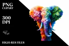 Vibrant Elephant with Plant Leaves and 3D Flowers, PNG Product Image 3