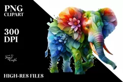 Vibrant Elephant with Plant Leaves and 3D Flowers, PNG Product Image 3