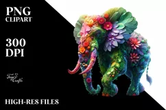 Vibrant Elephant with Plant Leaves and 3D Flowers, PNG Product Image 1