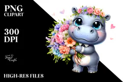 Cute Baby Hippo with Flower Bouquet, PNG Product Image 2