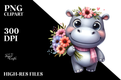 Cute Baby Hippo with Flower Bouquet, PNG Product Image 2