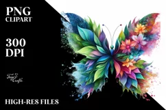 Vibrant Butterfly with Plant Leaves and 3D Flowers, PNG Product Image 1