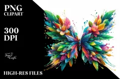 Vibrant Butterfly with Plant Leaves and 3D Flowers, PNG Product Image 3