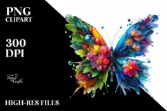 Vibrant Butterfly with Plant Leaves and 3D Flowers, PNG Product Image 3