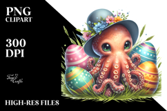 Adorned Baby Octopus in Grass with Easter Eggs PNG Product Image 2