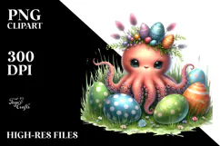Adorned Baby Octopus in Grass with Easter Eggs PNG Product Image 2