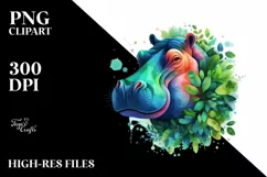 Abstract Hippo with Plant Leaves, PNG Product Image 1