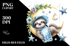 Whimsical Cute Baby Sloth Sleeping on Moon Clipart Product Image 2