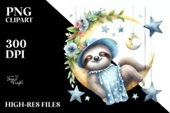 Whimsical Cute Baby Sloth Sleeping on Moon Clipart Product Image 4