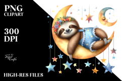 Whimsical Cute Baby Sloth Sleeping on Moon Clipart Product Image 2