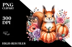 Vibrant Funny Squirrel Holding Pumpkin Watercolor Product Image 1