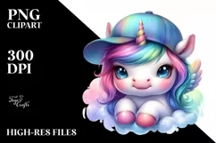 Colorful Baby Unicorn with Baseball Cap, Sublimation Clipart Product Image 3