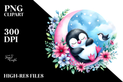 Cute Penguin Sleeping on the Moon with Flowers Clipart Product Image 2