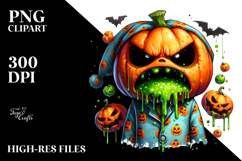 Cute Pumpkin in Pajamas with Green Slime, Watercolor PNG Product Image 2