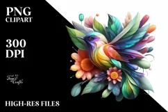 Abstract Vibrant Bird with Plant Leaves and 3D Flowers, PNG Product Image 3