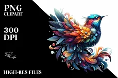 Abstract Vibrant Bird with Plant Leaves and 3D Flowers, PNG Product Image 1