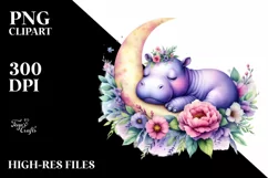 Vibrant Watercolor Hippo Sleeping on the Moon with Flowers Product Image 1