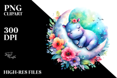 Vibrant Watercolor Hippo Sleeping on the Moon with Flowers Product Image 2