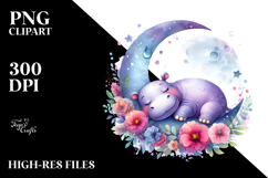 Vibrant Watercolor Hippo Sleeping on the Moon with Flowers Product Image 2