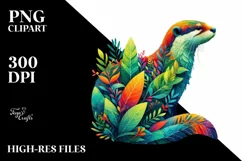 Abstract Vibrant Otter with Plant Leaves, PNG Product Image 3