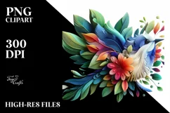 Abstract Vibrant Bird with Plant Leaves and 3D Flowers, PNG Product Image 1