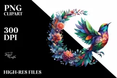 Abstract Vibrant Bird with Plant Leaves and 3D Flowers, PNG Product Image 1