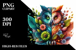 Abstract Vibrant Owl with Plant Leaves and 3D Flowers, PNG Product Image 1